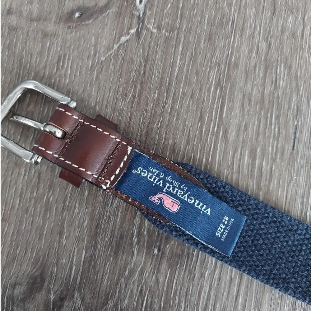 Vineyard Vines Rainbow Trout Ribbon Brass Leather Belt Brown Navy Size 28